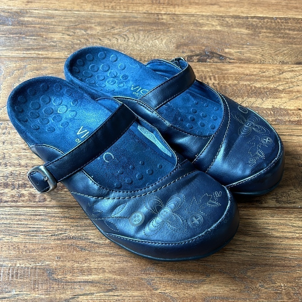 Vionic Melissa Slip-On Mules Comfort Orthotic Shoes Navy Blue Floral Size 6